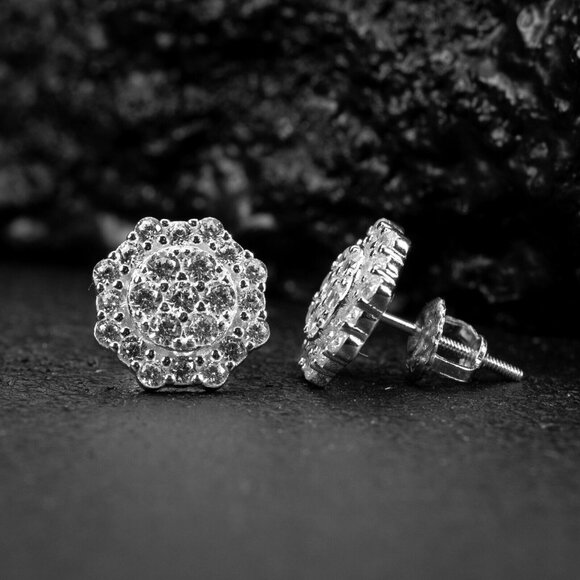 White Gold 925 Sterling Silver Men's Hip Hop Octagon Cz Cluster Stud Earrings - Picture 4 of 5